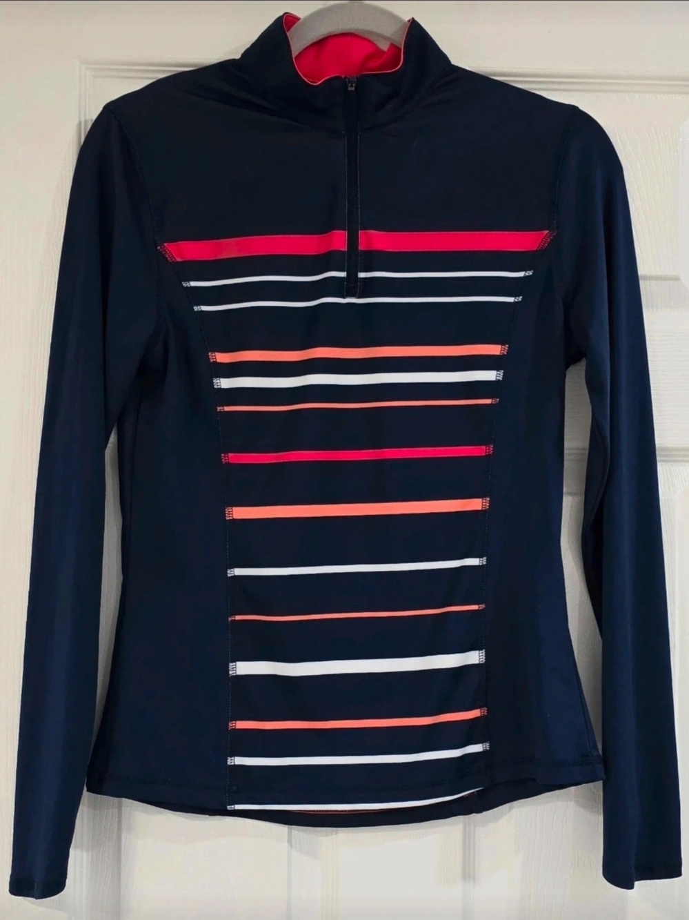 Callaway Navy Long-Sleeve Quarter-Zip Top with Coral, Hot Pink & White Stripes